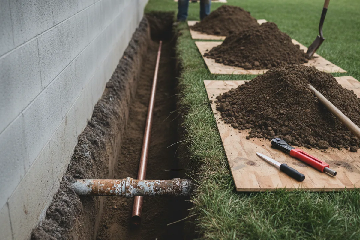 Excavated water line trench during Water Heater Repair in Moraga